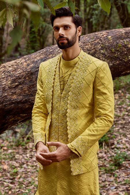 Varun Chakkilam Yellow Twill, Silk, Lycra Embroidery Jaal Jacket And Pant Set Online at Aza Fashions Varun Chakkilam_Yellow Twill, Silk, Lycra Embroidery Jaal Jacket And Pant Set _Online_at_Aza_Fashions