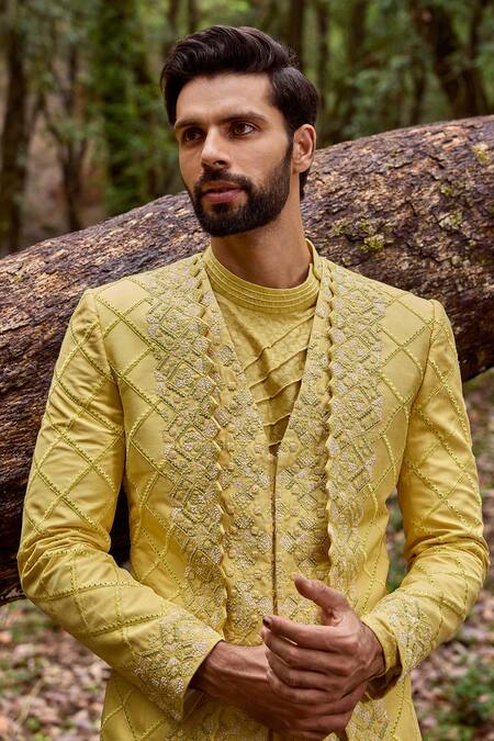 Buy Varun Chakkilam Yellow Twill, Silk, Lycra Embroidery Jaal Jacket And Pant Set Online at Aza Fashions Buy_Varun Chakkilam_Yellow Twill, Silk, Lycra Embroidery Jaal Jacket And Pant Set _Online_at_Aza_Fashions