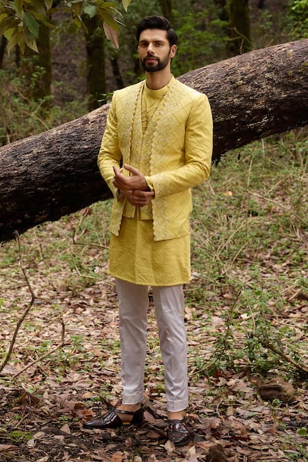 Shop Varun Chakkilam Yellow Twill, Silk, Lycra Embroidery Jaal Jacket And Pant Set at Aza Fashions Shop_Varun Chakkilam_Yellow Twill, Silk, Lycra Embroidery Jaal Jacket And Pant Set _at_Aza_Fashions