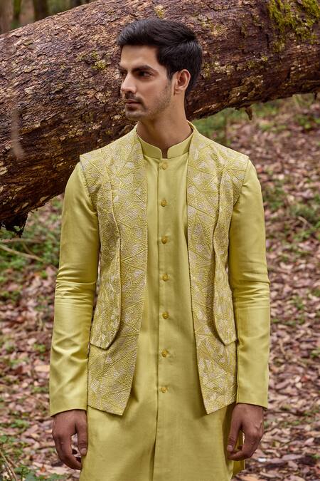 Varun Chakkilam Yellow Twill, Silk, Lycra Embroidery Prism Bloom Bundi Kurta Set Online at Aza Fashions Varun Chakkilam_Yellow Twill, Silk, Lycra Embroidery Prism Bloom Bundi Kurta Set _Online_at_Aza_Fashions