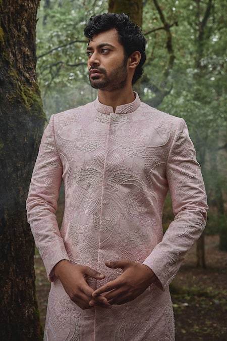 Shop Varun Chakkilam Pink Silk, Lycra Embroidery Blush Celeste Sherwani And Pant at Aza Fashions Shop_Varun Chakkilam_Pink Silk, Lycra Embroidery Blush Celeste Sherwani And Pant _at_Aza_Fashions