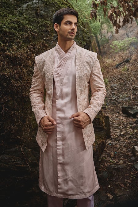 Shop Varun Chakkilam Pink Silk, Lycra Embroidery Floral Jacket And Kurta Set at Aza Fashions Shop_Varun Chakkilam_Pink Silk, Lycra Embroidery Floral Jacket And Kurta Set _at_Aza_Fashions