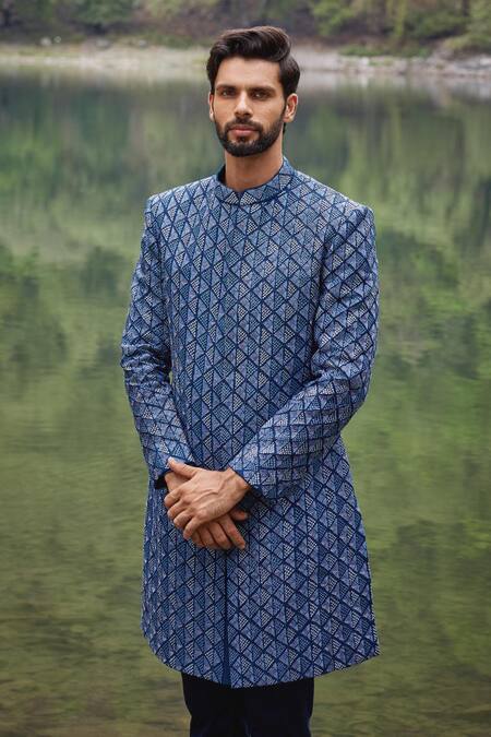 Buy Varun Chakkilam Blue Silk, Lycra Embroidery Geometric Jaal Sherwani And Pant Online at Aza Fashions Buy_Varun Chakkilam_Blue Silk, Lycra Embroidery Geometric Jaal Sherwani And Pant _Online_at_Aza_Fashions
