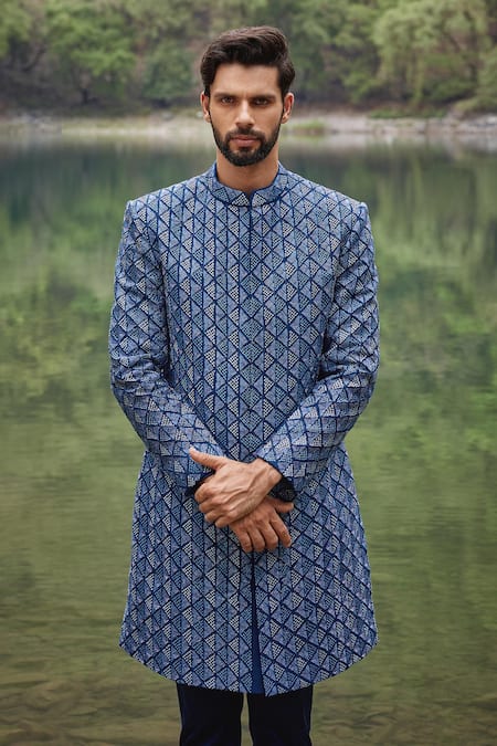 Shop Varun Chakkilam Blue Silk, Lycra Embroidery Geometric Jaal Sherwani And Pant at Aza Fashions Shop_Varun Chakkilam_Blue Silk, Lycra Embroidery Geometric Jaal Sherwani And Pant _at_Aza_Fashions