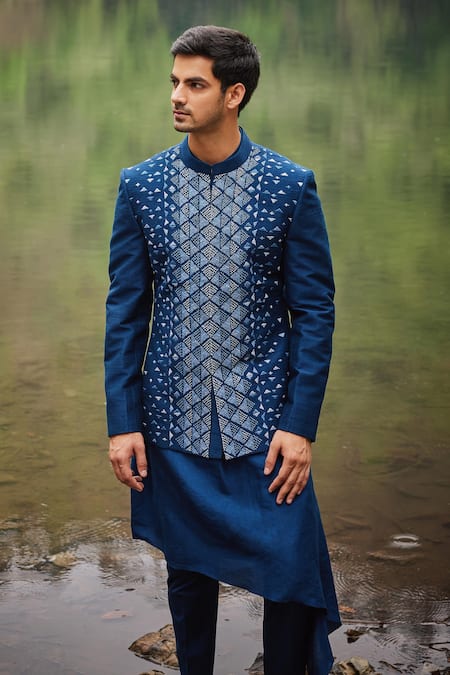 Shop Varun Chakkilam Blue Silk, Lycra Embroidery Geometric Jaal Bandhgala Set at Aza Fashions Shop_Varun Chakkilam_Blue Silk, Lycra Embroidery Geometric Jaal Bandhgala Set _at_Aza_Fashions