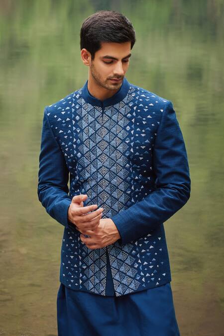 Buy Varun Chakkilam Blue Silk, Lycra Embroidery Geometric Jaal Bandhgala Set Online at Aza Fashions Buy_Varun Chakkilam_Blue Silk, Lycra Embroidery Geometric Jaal Bandhgala Set _Online_at_Aza_Fashions