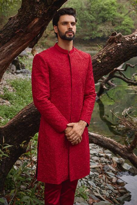 Buy Varun Chakkilam Red Twill, Silk, Lycra Embroidery Gardenia Sherwani Set Online at Aza Fashions Buy_Varun Chakkilam_Red Twill, Silk, Lycra Embroidery Gardenia Sherwani Set _Online_at_Aza_Fashions