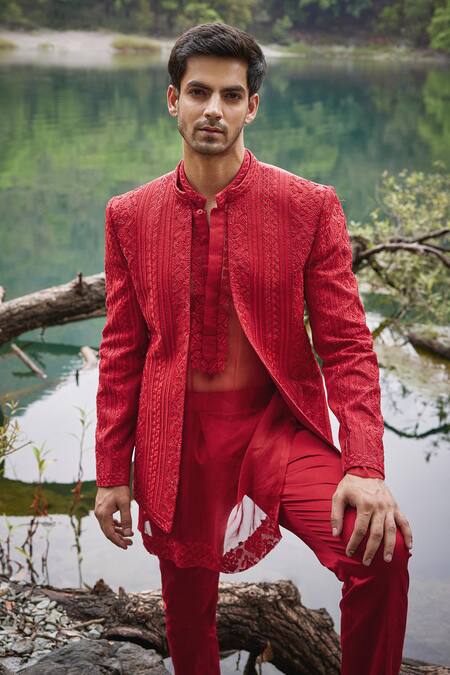 Varun Chakkilam Red Twill, Silk, Organza, Lycra Embroidery Gullista Jacket And Pant Set Online at Aza Fashions Varun Chakkilam_Red Twill, Silk, Organza, Lycra Embroidery Gullista Jacket And Pant Set _Online_at_Aza_Fashions