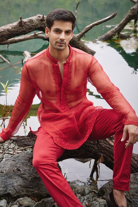 Shop Varun Chakkilam Red Twill, Silk, Organza, Lycra Embroidery Gullista Jacket And Pant Set Online at Aza Fashions Shop_Varun Chakkilam_Red Twill, Silk, Organza, Lycra Embroidery Gullista Jacket And Pant Set _Online_at_Aza_Fashions