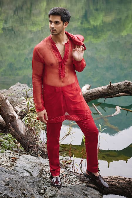 Shop Varun Chakkilam Red Twill, Silk, Organza, Lycra Embroidery Gullista Jacket And Pant Set at Aza Fashions Shop_Varun Chakkilam_Red Twill, Silk, Organza, Lycra Embroidery Gullista Jacket And Pant Set _at_Aza_Fashions