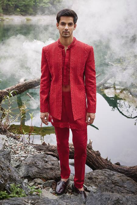 Varun Chakkilam Red Twill, Silk, Organza, Lycra Embroidery Gullista Jacket And Pant Set at Aza Fashions Varun Chakkilam_Red Twill, Silk, Organza, Lycra Embroidery Gullista Jacket And Pant Set _at_Aza_Fashions
