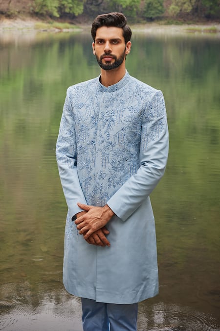 Shop Varun Chakkilam Blue Twill, Silk, Lycra Embroidery Ivy Vine Sherwani And Pant Set at Aza Fashions Shop_Varun Chakkilam_Blue Twill, Silk, Lycra Embroidery Ivy Vine Sherwani And Pant Set _at_Aza_Fashions