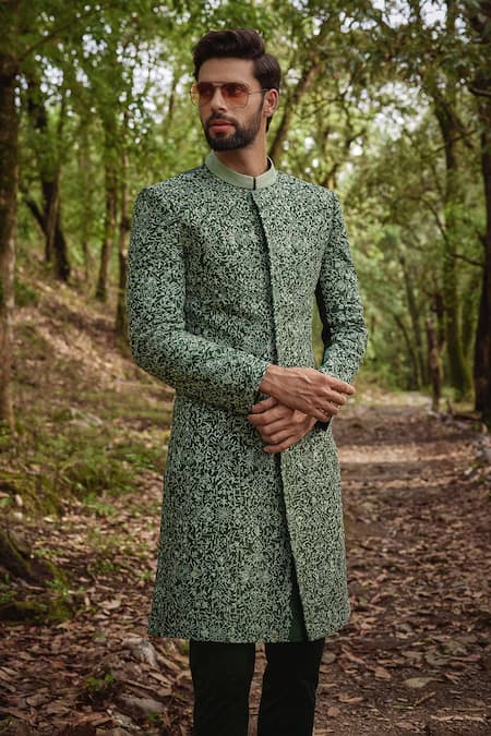 Buy Varun Chakkilam Green Silk, Lycra Embroidery Blossom Vine Sherwani Set Online at Aza Fashions Buy_Varun Chakkilam_Green Silk, Lycra Embroidery Blossom Vine Sherwani Set _Online_at_Aza_Fashions