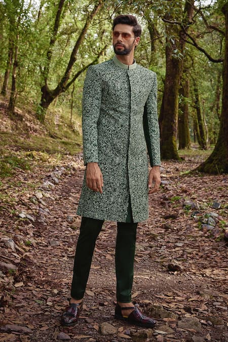 Shop Varun Chakkilam Green Silk, Lycra Embroidery Blossom Vine Sherwani Set at Aza Fashions Shop_Varun Chakkilam_Green Silk, Lycra Embroidery Blossom Vine Sherwani Set _at_Aza_Fashions