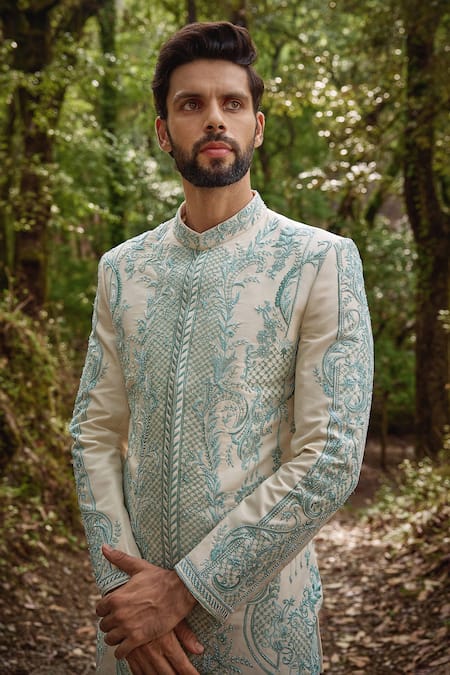 Buy Varun Chakkilam Cream Twill, Silk, Lycra Embroidery French Bloom Sherwani And Pant Online at Aza Fashions Buy_Varun Chakkilam_Cream Twill, Silk, Lycra Embroidery French Bloom Sherwani And Pant _Online_at_Aza_Fashions