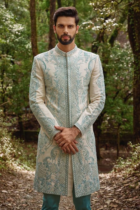 Shop Varun Chakkilam Cream Twill, Silk, Lycra Embroidery French Bloom Sherwani And Pant at Aza Fashions Shop_Varun Chakkilam_Cream Twill, Silk, Lycra Embroidery French Bloom Sherwani And Pant _at_Aza_Fashions