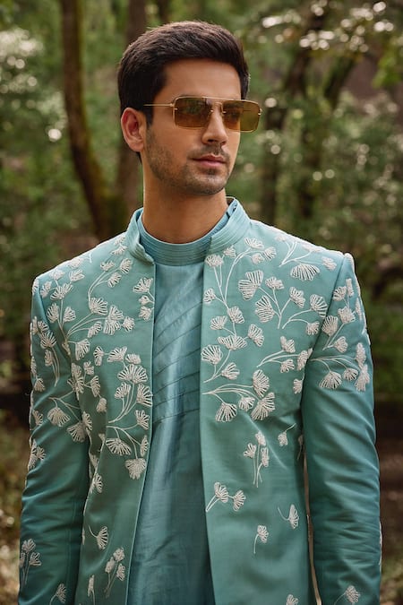 Shop Varun Chakkilam Blue Silk, Lycra Embroidery Gulmohar Sherwani Jacket And Pant Set at Aza Fashions Shop_Varun Chakkilam_Blue Silk, Lycra Embroidery Gulmohar Sherwani Jacket And Pant Set _at_Aza_Fashions
