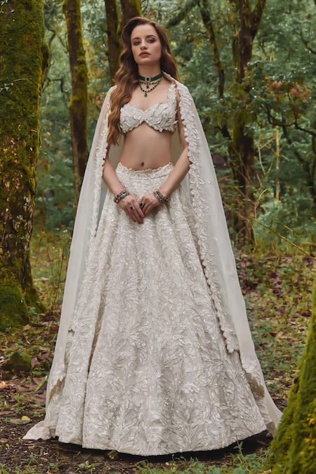 Shop Varun Chakkilam White Organza Sequins Sweetheart Neck Petal Embroidered Lehenga Set at Aza Fashions Shop_Varun Chakkilam_White Organza Sequins Sweetheart Neck Petal Embroidered Lehenga Set _at_Aza_Fashions