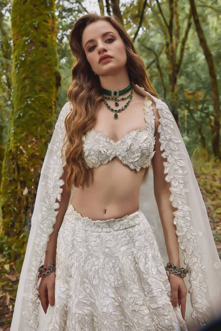 Buy Varun Chakkilam White Organza Sequins Sweetheart Neck Petal Embroidered Lehenga Set Online at Aza Fashions Buy_Varun Chakkilam_White Organza Sequins Sweetheart Neck Petal Embroidered Lehenga Set _Online_at_Aza_Fashions