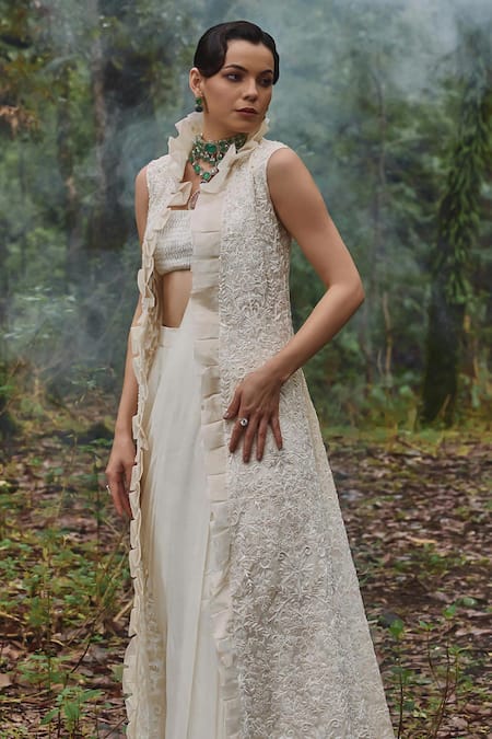 Shop Varun Chakkilam White Organza, Chiffon Pearls, Embroidery Open Jacket And Pre-draped Saree Set at Aza Fashions Shop_Varun Chakkilam_White Organza, Chiffon Pearls, Embroidery Open Jacket And Pre-draped Saree Set _at_Aza_Fashions