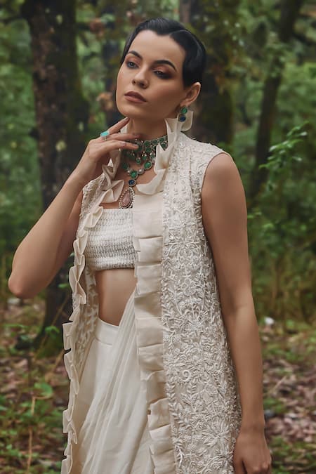 Varun Chakkilam White Organza, Chiffon Pearls, Embroidery Open Jacket And Pre-draped Saree Set Online at Aza Fashions Varun Chakkilam_White Organza, Chiffon Pearls, Embroidery Open Jacket And Pre-draped Saree Set _Online_at_Aza_Fashions