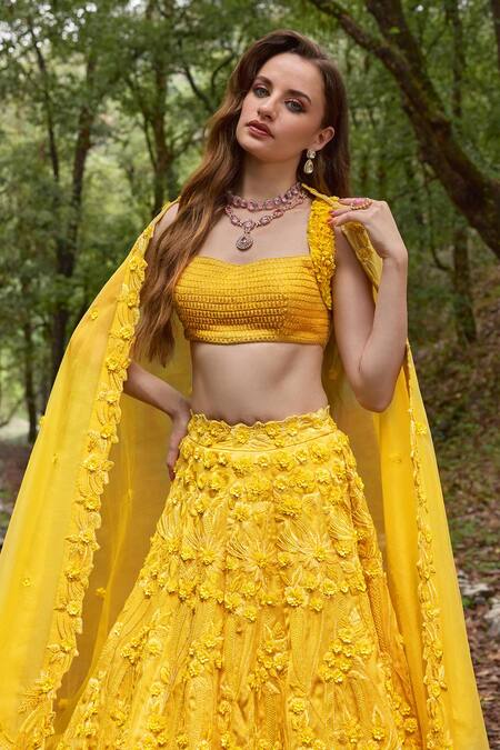 Varun Chakkilam Yellow Organza Embroidery Round Neck Canary 3d Bloom Lehenga Set Online at Aza Fashions Varun Chakkilam_Yellow Organza Embroidery Round Neck Canary 3d Bloom Lehenga Set _Online_at_Aza_Fashions