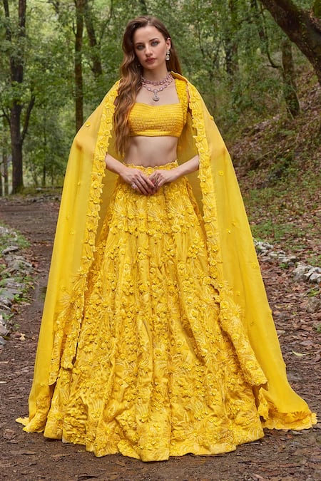 Shop Varun Chakkilam Yellow Organza Embroidery Round Neck Canary 3d Bloom Lehenga Set at Aza Fashions Shop_Varun Chakkilam_Yellow Organza Embroidery Round Neck Canary 3d Bloom Lehenga Set _at_Aza_Fashions
