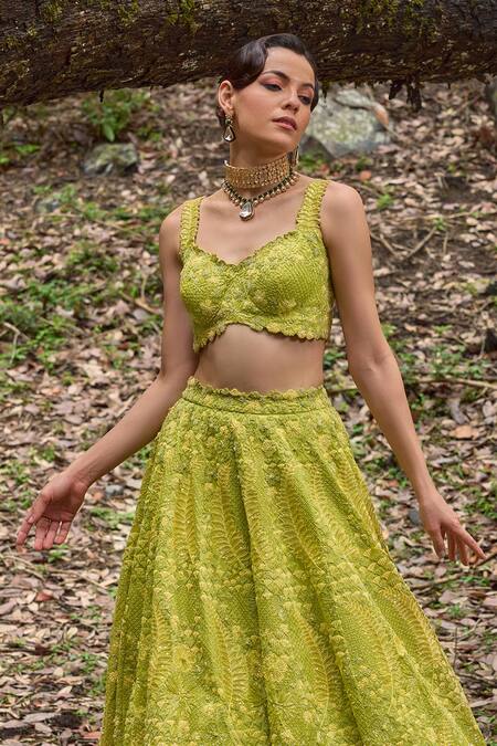 Varun Chakkilam Green Organza Cut Work, Embroidery Sweetheart Neck Bahar Lehenga Set Online at Aza Fashions Varun Chakkilam_Green Organza Cut Work, Embroidery Sweetheart Neck Bahar Lehenga Set _Online_at_Aza_Fashions