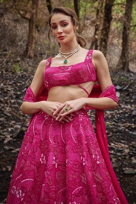 Varun Chakkilam Pink Organza, Chiffon Beads, Cut Work Square Gul Bloom Embroidered Lehenga Set Online at Aza Fashions Varun Chakkilam_Pink Organza, Chiffon Beads, Cut Work Square Gul Bloom Embroidered Lehenga Set _Online_at_Aza_Fashions