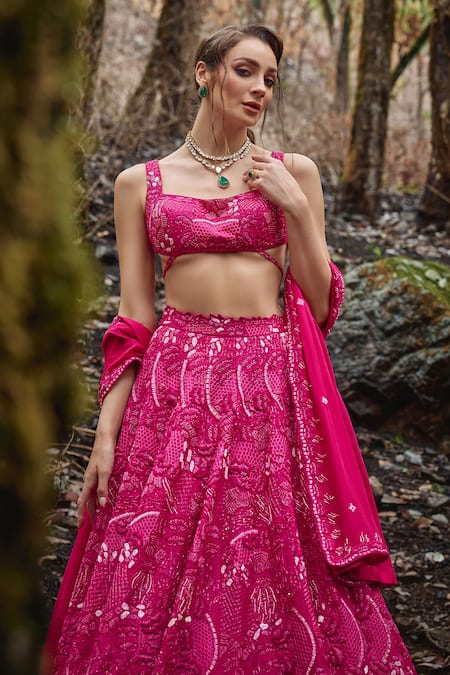 Shop Varun Chakkilam Pink Organza, Chiffon Beads, Cut Work Square Gul Bloom Embroidered Lehenga Set at Aza Fashions Shop_Varun Chakkilam_Pink Organza, Chiffon Beads, Cut Work Square Gul Bloom Embroidered Lehenga Set _at_Aza_Fashions