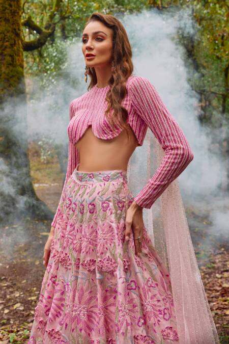 Varun Chakkilam Pink Organza, Net Beads, Pearls Collared Sakura Bloom Embroidered Lehenga Set Online at Aza Fashions Varun Chakkilam_Pink Organza, Net Beads, Pearls Collared Sakura Bloom Embroidered Lehenga Set _Online_at_Aza_Fashions