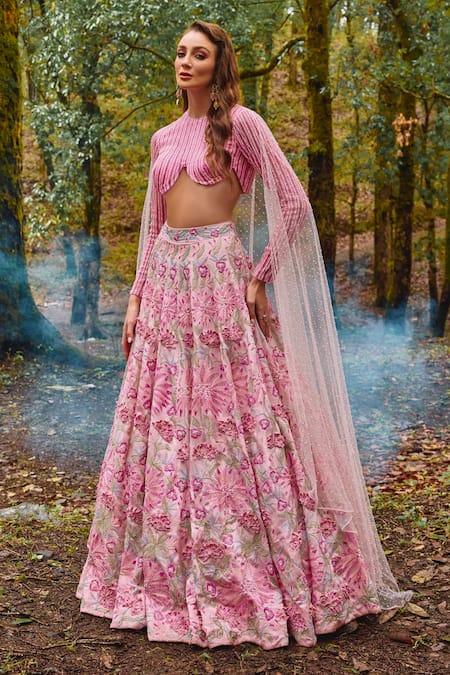 Shop Varun Chakkilam Pink Organza, Net Beads, Pearls Collared Sakura Bloom Embroidered Lehenga Set at Aza Fashions Shop_Varun Chakkilam_Pink Organza, Net Beads, Pearls Collared Sakura Bloom Embroidered Lehenga Set _at_Aza_Fashions