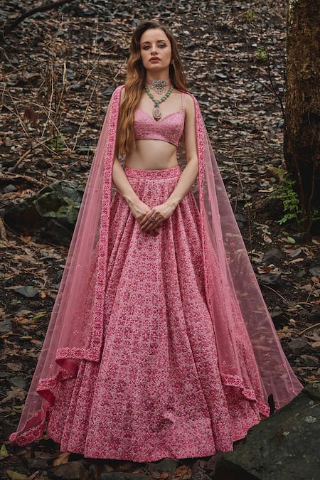 Shop Varun Chakkilam Pink Organza, Net Beads, Cut Work Sweetheart Orchid Embroidered Lehenga Set at Aza Fashions Shop_Varun Chakkilam_Pink Organza, Net Beads, Cut Work Sweetheart Orchid Embroidered Lehenga Set _at_Aza_Fashions