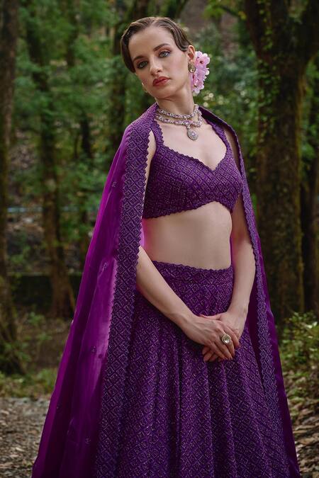 Varun Chakkilam_Purple Organza Cut Work, Beads, Embroidery Sweetheart Iris Bloom Lehenga Set _Online_at_Aza_Fashions