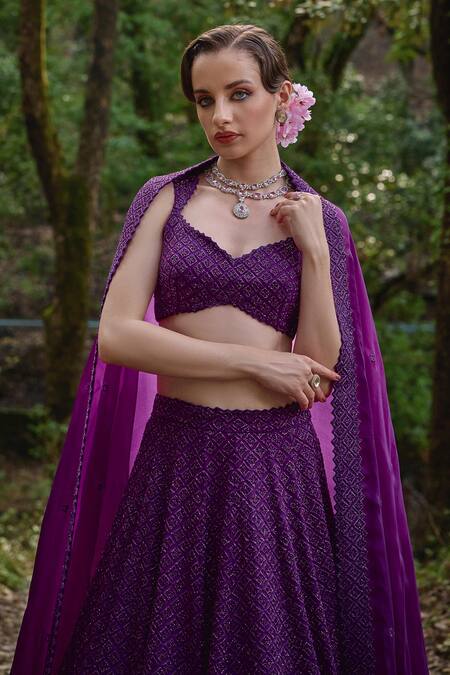 Buy_Varun Chakkilam_Purple Organza Cut Work, Beads, Embroidery Sweetheart Iris Bloom Lehenga Set _Online_at_Aza_Fashions