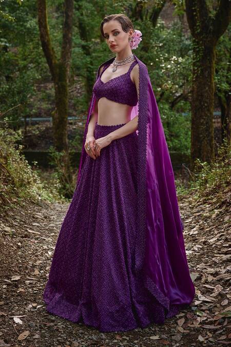Shop_Varun Chakkilam_Purple Organza Cut Work, Beads, Embroidery Sweetheart Iris Bloom Lehenga Set _Online_at_Aza_Fashions
