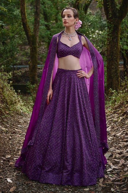 Shop_Varun Chakkilam_Purple Organza Cut Work, Beads, Embroidery Sweetheart Iris Bloom Lehenga Set _at_Aza_Fashions