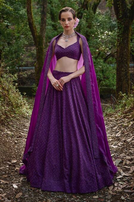 Varun Chakkilam_Purple Organza Cut Work, Beads, Embroidery Sweetheart Iris Bloom Lehenga Set _at_Aza_Fashions