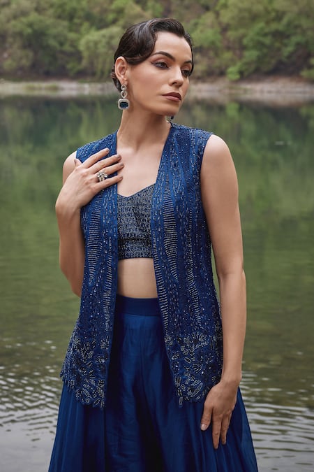 Shop Varun Chakkilam Blue Organza Cut Work, Sequins Open Neck, Fleur Embroidered Jacket And Lehenga Set at Aza Fashions Shop_Varun Chakkilam_Blue Organza Cut Work, Sequins Open Neck, Fleur Embroidered Jacket And Lehenga Set _at_Aza_Fashions