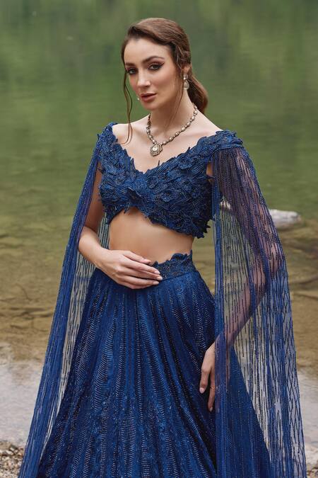 Varun Chakkilam Blue Organza, Net Cut Work, Beads V-neck Midnight Petal Bloom Lehenga Set Online at Aza Fashions Varun Chakkilam_Blue Organza, Net Cut Work, Beads V-neck Midnight Petal Bloom Lehenga Set _Online_at_Aza_Fashions