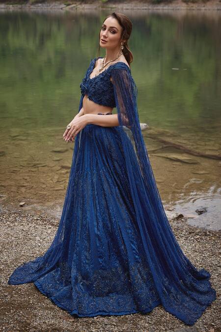 Buy Varun Chakkilam Blue Organza, Net Cut Work, Beads V-neck Midnight Petal Bloom Lehenga Set Online at Aza Fashions Buy_Varun Chakkilam_Blue Organza, Net Cut Work, Beads V-neck Midnight Petal Bloom Lehenga Set _Online_at_Aza_Fashions
