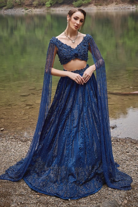 Shop Varun Chakkilam Blue Organza, Net Cut Work, Beads V-neck Midnight Petal Bloom Lehenga Set at Aza Fashions Shop_Varun Chakkilam_Blue Organza, Net Cut Work, Beads V-neck Midnight Petal Bloom Lehenga Set _at_Aza_Fashions