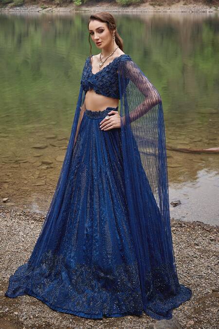 Shop Varun Chakkilam Blue Organza, Net Cut Work, Beads V-neck Midnight Petal Bloom Lehenga Set Online at Aza Fashions Shop_Varun Chakkilam_Blue Organza, Net Cut Work, Beads V-neck Midnight Petal Bloom Lehenga Set _Online_at_Aza_Fashions