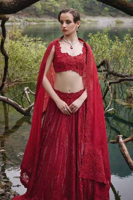 Shop Varun Chakkilam Red Organza Cut Work, Sequins, Embroidery Cutwork Petal Blossom Lehenga Set at Aza Fashions Shop_Varun Chakkilam_Red Organza Cut Work, Sequins, Embroidery Cutwork Petal Blossom Lehenga Set _at_Aza_Fashions