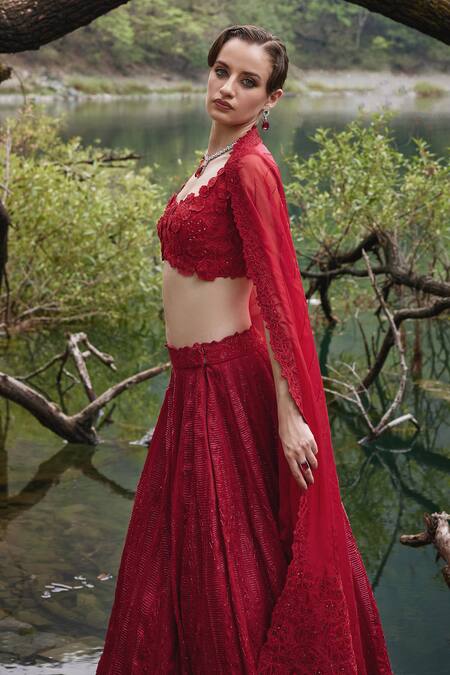 Varun Chakkilam Red Organza Cut Work, Sequins, Embroidery Cutwork Petal Blossom Lehenga Set Online at Aza Fashions Varun Chakkilam_Red Organza Cut Work, Sequins, Embroidery Cutwork Petal Blossom Lehenga Set _Online_at_Aza_Fashions