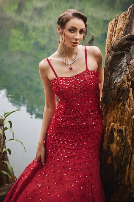 Varun Chakkilam_Red Organza Sequins Sweetheart Neck 3d Bloom Embroidered Gown _Online_at_Aza_Fashions
