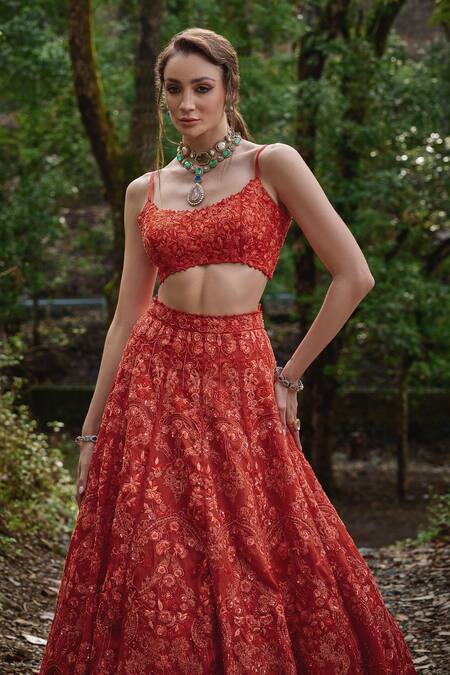 Buy Varun Chakkilam Orange Organza Embroidery, Beads Round Neck Ambrosia Lehenga Set Online at Aza Fashions Buy_Varun Chakkilam_Orange Organza Embroidery, Beads Round Neck Ambrosia Lehenga Set _Online_at_Aza_Fashions