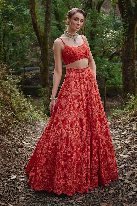 Shop Varun Chakkilam Orange Organza Embroidery, Beads Round Neck Ambrosia Lehenga Set at Aza Fashions Shop_Varun Chakkilam_Orange Organza Embroidery, Beads Round Neck Ambrosia Lehenga Set _at_Aza_Fashions