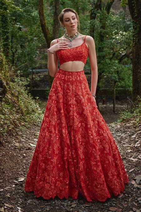 Shop Varun Chakkilam Orange Organza Embroidery, Beads Round Neck Ambrosia Lehenga Set Online at Aza Fashions Shop_Varun Chakkilam_Orange Organza Embroidery, Beads Round Neck Ambrosia Lehenga Set _Online_at_Aza_Fashions