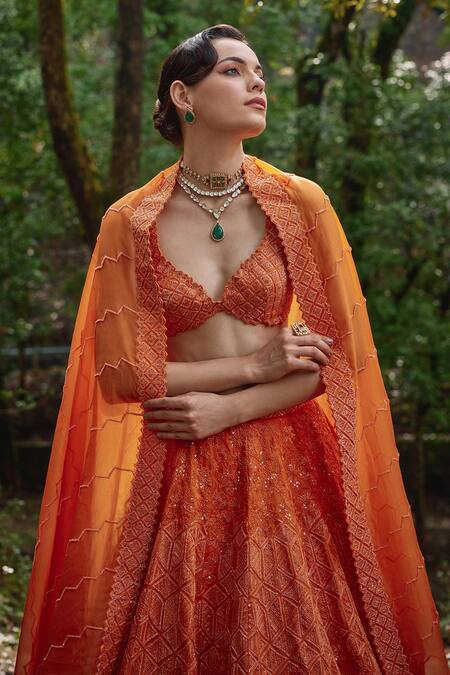 Varun Chakkilam Orange Organza Sequins, Beads Sunset Bahar Jaal Embroidered Lehenga Set Online at Aza Fashions Varun Chakkilam_Orange Organza Sequins, Beads Sunset Bahar Jaal Embroidered Lehenga Set _Online_at_Aza_Fashions